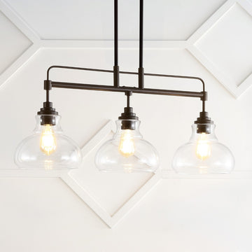 Marlowe 32.5" Farmhouse Industrial Iron/Glass Linear LED Pendant - JONATHAN Y